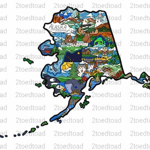 May include: A colorful graphic illustration of the state of Alaska, outlined in black, featuring various wildlife including a moose, bear, whale, and eagle, alongside natural landscapes, a totem pole, and the text ALASKA printed in the upper left.