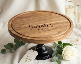Personalised Wedding Cake Stand, Engraved Acacia Wood Stand with Dome, Anniversary Gift for Couple, Custom Name & Date Keepsake, Serving
