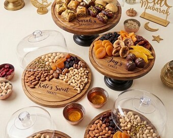 Juego de soportes de lujo para pasteles de Eid (3 o 5 soportes) con cúpula y grabado / Soporte para postres de madera de acacia / Decoración de Eid Mubarak / Tabla para aperitivos