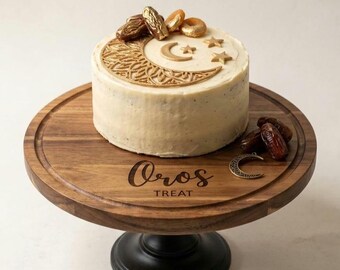 Eid Geschenk Tortenständer, gravierter Akazienholz Dessertständer mit Kuppel, Eid Mubarak Geschenk, Eid Leckerei Display, benutzerdefiniertes islamisches Geschenk