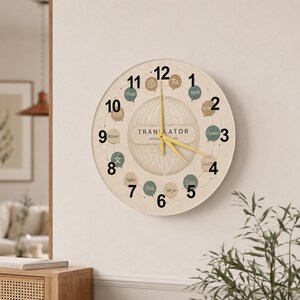 May include: A round wall clock with a beige face featuring a globe design and the word "TRANSLATOR". The clock has yellow hands and is surrounded by numbers and speech bubbles in various languages. The clock is mounted on a light-colored wall.