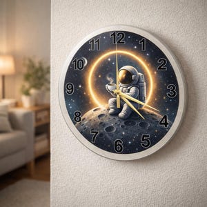 Peut inclure: Horloge murale ronde avec un cadre argenté. Le cadran représente un astronaute assis sur une lune, tenant une tasse, avec un anneau lumineux et un fond étoilé. Les aiguilles sont dorées et les chiffres sont noirs.