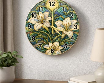 Jugendstil Glasmalerei - Runde Uhr - Bedrucktes Glas, Handgefertigtes Statement Dekor für Wohn oder Eingangsbereich