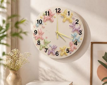 Orologio da parete in vetro a forma di cane con palloncino dai colori pastello, decorazione artistica stravagante per la cameretta, orologio rotondo senza cornice