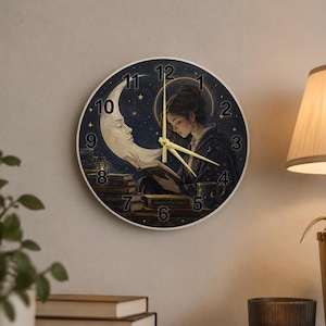 Celestial Librarian Glass Clock, Midnight Reading Halo Wall Art, Dark Academia Decor