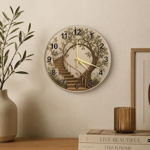 Puede incluir: Un reloj de pared redondo con una ilustración impresa de una escalera de madera que se enrosca alrededor de un tronco de árbol con hojas verdes. La esfera tiene números arábigos negros y tres manecillas doradas en el centro.