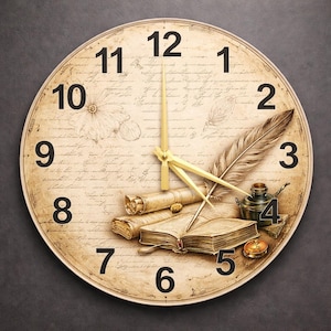 Reloj de pared de cristal con forma de arco de manuscrito literario / Decoración artística para el estudio o despacho de un escritor
