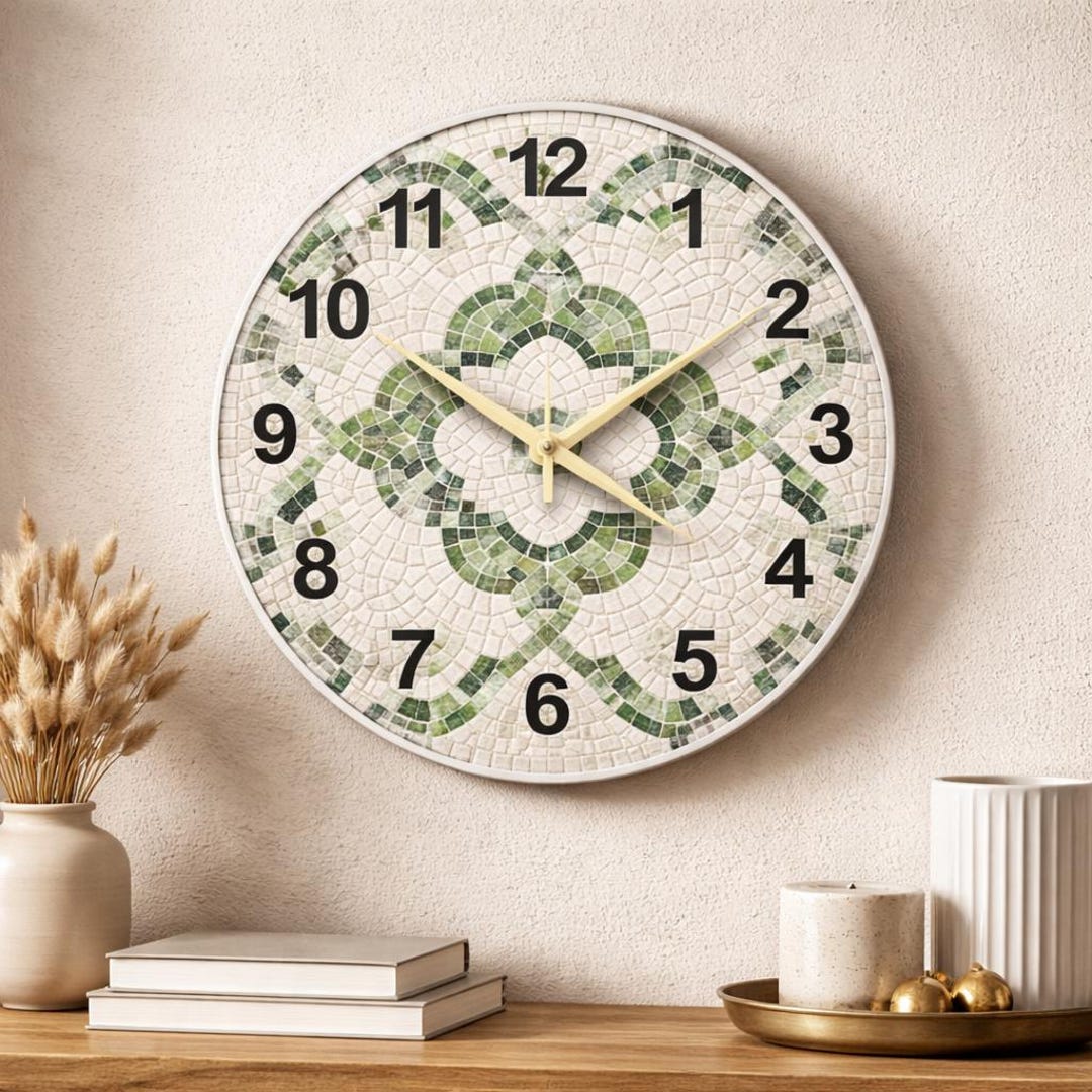 Tile Clock Geometric Green Tile Glass Wall Clock | Modern Mosaic Pattern Decor ...