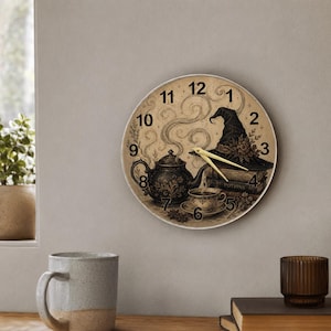 Orologio da parete in vetro a spirale di vapore mistico, decorazione vintage da strega del tè, orologio da cucina dark academia, arte esoterica celeste per la casa