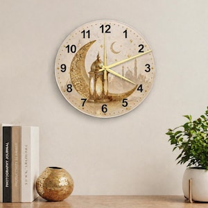 Orologio in vetro ad arco radiale con lanterna dorata, decorazione murale rotonda in stile islamico, complemento d'arredo minimalista per il Ramadan Kareem, orologio con geometria celeste.