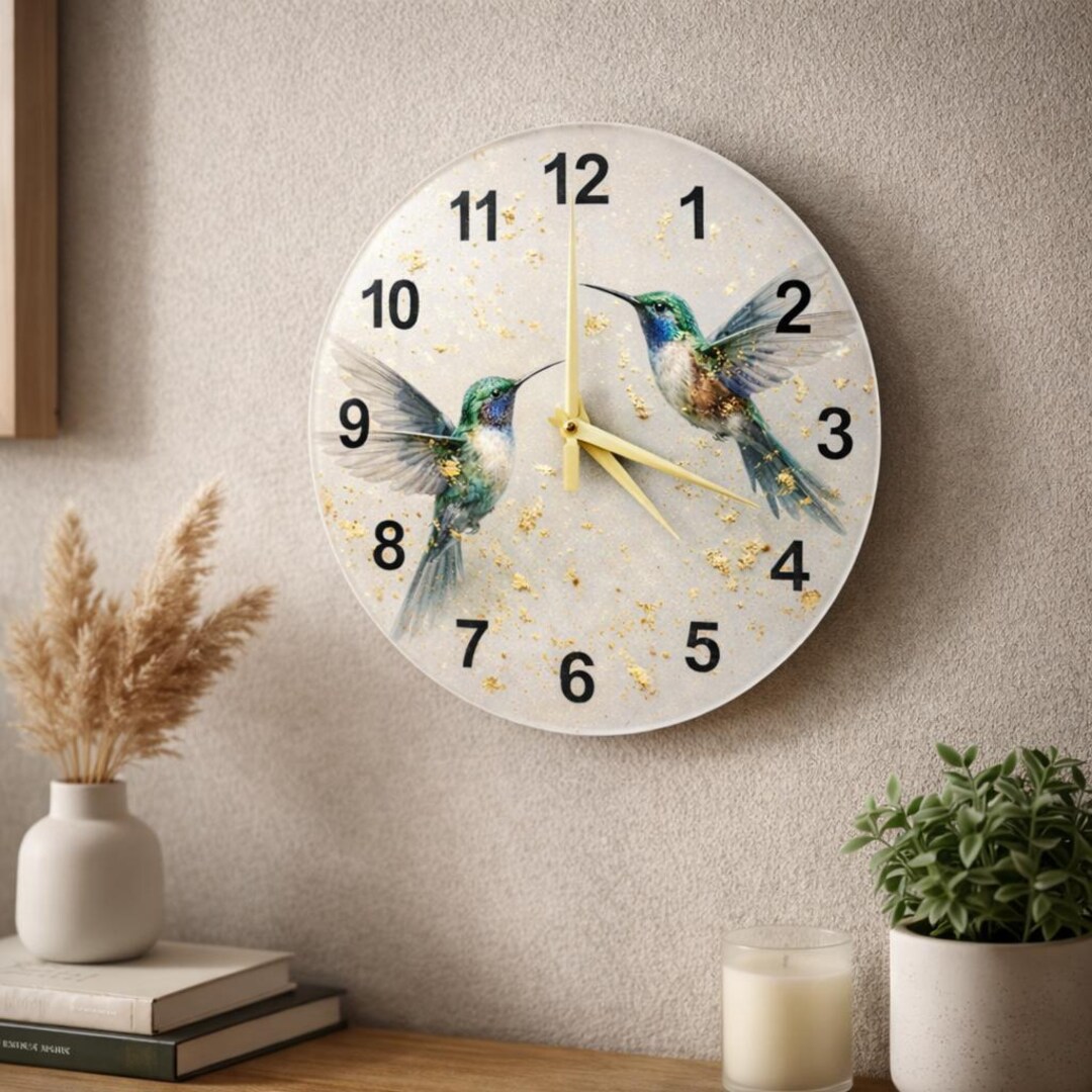 Hummingbird Glass Clock With Gold Accents, Handmade Art Piece for ...