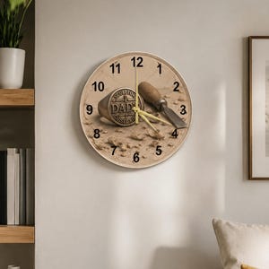 May include: A round wall clock with a beige face featuring a chisel and a ring that reads "SCULPTOR DAD CHISEL RID." The clock hands point to 12:00. The background has a textured, sandy appearance. The clock is a decorative item.