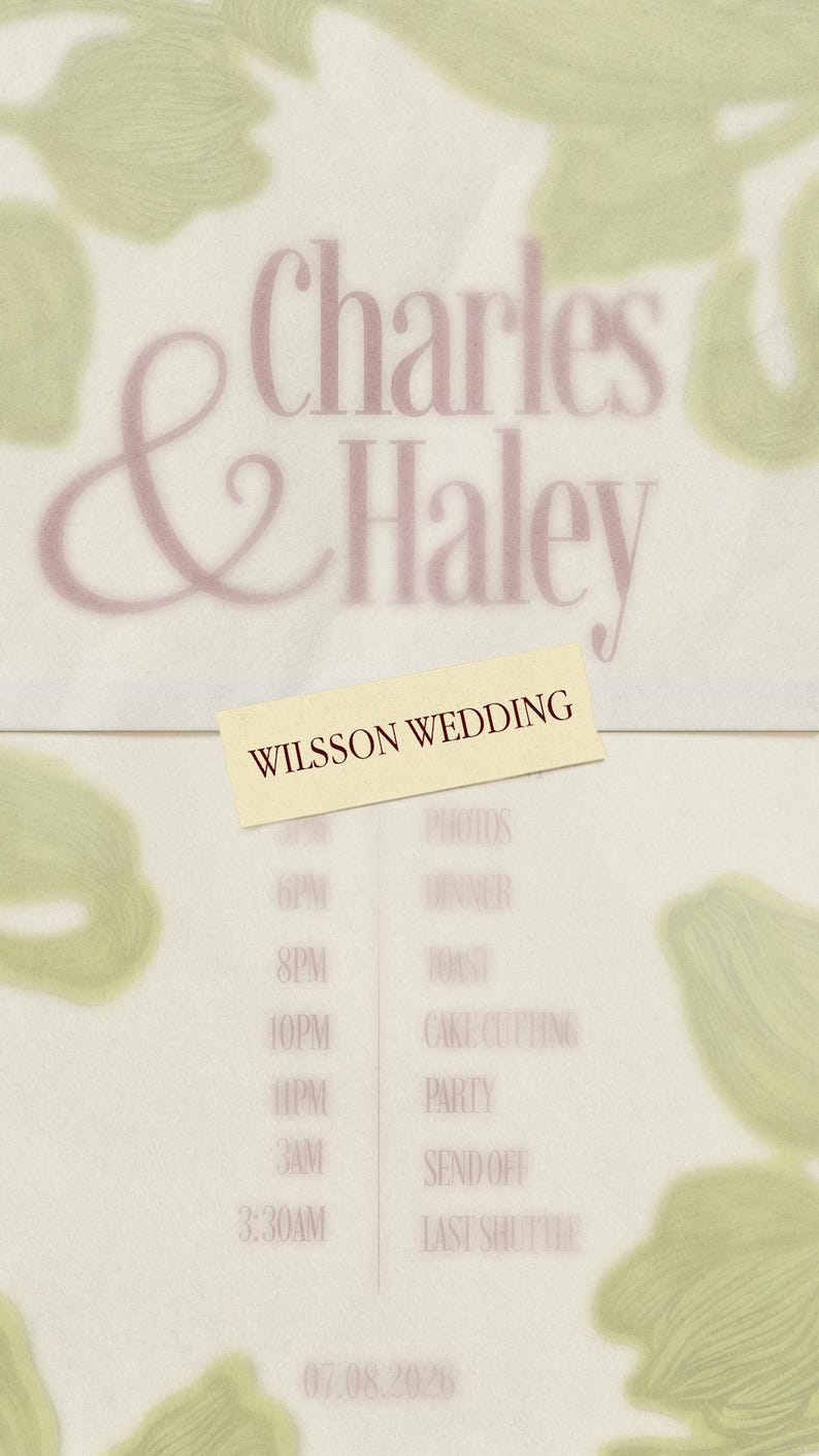 May include: A wedding invitation with the names "Charles & Haley" in a soft pink script. The invitation includes a schedule with times and events, and the date 07.08.2026. The words "WILSSON WEDDING" are also present.