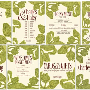 May include: A collection of wedding stationery with a cream background and green floral illustrations. The set includes a table number, menu, thank you cards, and welcome sign. The text is in a burgundy color and includes the names "Charles & Haley".