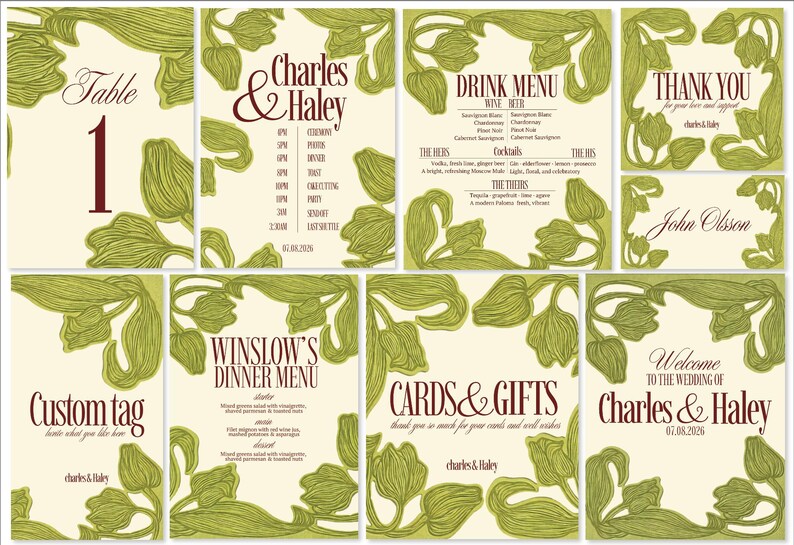 May include: A collection of wedding stationery with a cream background and green floral illustrations. The set includes a table number, menu, thank you cards, and welcome sign. The text is in a burgundy color and includes the names "Charles & Haley".