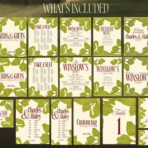 May include: A collection of wedding stationery with a cream background and green floral accents. The set includes various cards with text such as "Winslow's", "Cards & Gifts", "Take a Seat", and "Guestbook". The text is in a burgundy color.