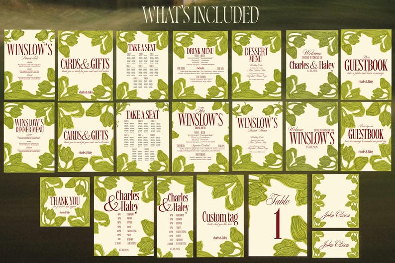 May include: A collection of wedding stationery with a cream background and green floral accents. The set includes various cards with text such as "Winslow's", "Cards & Gifts", "Take a Seat", and "Guestbook". The text is in a burgundy color.