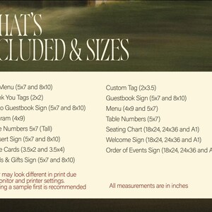 May include: A beige graphic with a list of event signage options and sizes, including bar menus, guestbook signs, and seating charts. Measurements are in inches. The Canva logo is in the upper right corner.