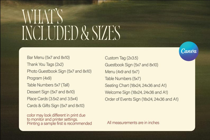 May include: A beige graphic with a list of event signage options and sizes, including bar menus, guestbook signs, and seating charts. Measurements are in inches. The Canva logo is in the upper right corner.