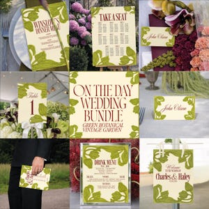 May include: A collection of wedding stationery with a green botanical design. Includes a dinner menu, seating chart, place cards, table number, and a sign that says "Welcome to the Wedding of Charles & Haley".