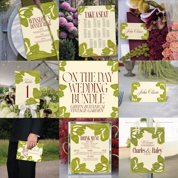 EDITABLE WEDDING Signage Bundle, Green Botanical Vintage Garden Suite, CANVA Template Instant Download Printable