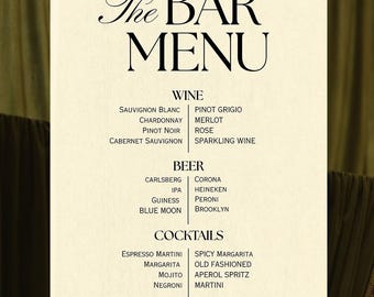 Editorial Bar Menu Sign Template, Signature Drinks, Canva Template, Instant Download, Editable.