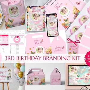 May include: A pink 3rd birthday branding kit featuring a photo of a young girl, butterflies, and the word "Three." The kit includes invitations, stickers, a presentation, and a budget planner. The words "Happy Birthday" are also visible.