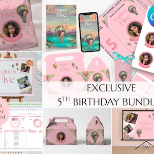 May include: A pink 5th birthday bundle featuring a girl's photo, hot air balloon graphics, and the text "Brigitte is Five." Includes invitations, stickers, a budget planner, and party favor boxes. The bundle is exclusive.