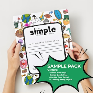 Puede incluir: Un planificador blanco con el texto "The Simple Doodle Planner" y las palabras "This planner belongs to". La portada presenta coloridos garabatos de un globo terráqueo, un muñeco de nieve y otras ilustraciones. Un bocadillo verde dice "Sample Pack".