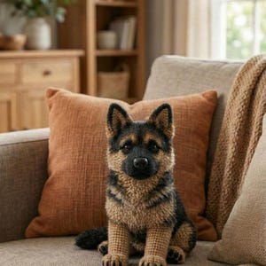 以下が含まれることがあります： かぎ針編みのジャーマンシェパード犬が、錆色のクッションのあるソファに座っています。犬は黒と茶色の毛皮、黒い鼻、直立した耳をしています。ソファはニュートラルな色調で、茶色の毛布がアームの上に掛けられています。