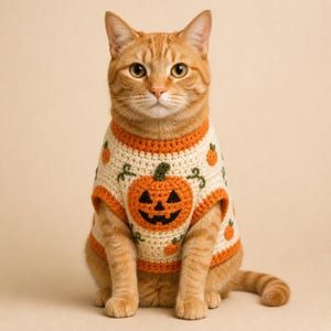 Virkmönster för katttröja i PDF-format, Halloweenpumpadräkt för husdjur, Outfit för liten hund, Handledning för virkad kattkläder