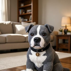 May include: A handcrafted crochet dog in grey and white, wearing a black collar with a paw print tag. The amigurumi dog is sitting on a wooden floor. The dog has brown eyes and a white stripe down its head.