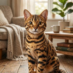 Peut inclure: Un chat Bengal avec un pelage rayé marron et noir est assis sur un plancher en bois. Le chat a de grands yeux expressifs et regarde directement le spectateur. Un petit jouet de souris tricoté est devant le chat.