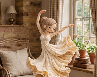 Schema PDF per ballerina all'uncinetto, bambola amigurumi ballerina, bambola principessa elegante, tutorial per abito a balze all'uncinetto