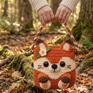 May include: A crocheted orange fox-shaped bag with a white face, ears, and paws. The bag has a braided handle and a flower accent. The bag is held up by a person in a forest setting.