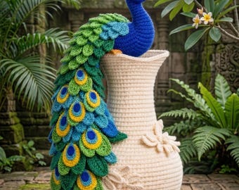 Amigurumi pauw haakpatroon pdf, pauw in vaas decor, vogel haakpatroon, elegante woondecoratie cadeau