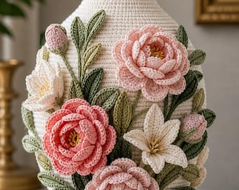 Molde em PDF para Vaso de Crochê Floral, Decoração Texturizada para Casa com Flores, Centro de Mesa em Amigurumi, Tutorial de Presente Botânico Feito à Mão