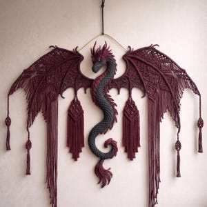 Dragon Macrame Wall Hanging Pattern, Gothic Dragon Fiber Art, Boho Fantasy Wall Decor, Large Dragon Tapestry, Dark Red Black Home Decor