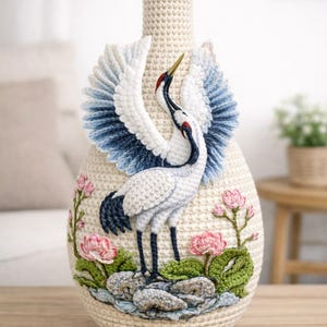 Puede incluir: Un jarrón de ganchillo color crema con un diseño de grulla. La grulla tiene alas blancas y azules, cabeza roja y patas negras. Flores rosas y nenúfares verdes también están tejidos en el jarrón, creando un tema inspirado en la naturaleza.