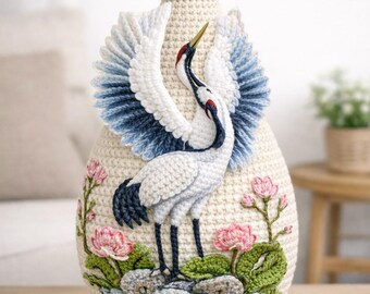 Crane Crochet Vase Pattern, Elegant Bird Vase PDF, Floral Crochet Home Decor, Japanese Inspired Amigurumi Vase, Heron Vase Pattern