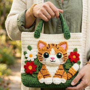 Puede incluir: Bolso tote de crochet color crema con un aplique de gato naranja y blanco, ojos verdes y flores rojas y blancas. El bolso tiene asas verdes y una base verde.