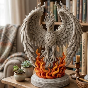 Op de afbeelding: Een handgemaakte gehaakte fenikssculptuur met uitgespreide vleugels, in grijstinten en oranje. De vogel staat op een basis met vlammen, wat een opvallend decoratief stuk creëert. De sculptuur is ongeveer 30 cm hoog.