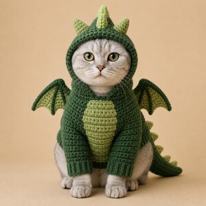 May include: A gray cat wearing a handmade green crochet dragon costume. The costume includes a hood with spikes, wings, and a tail. The cat is sitting and looking directly at the camera against a neutral background.
