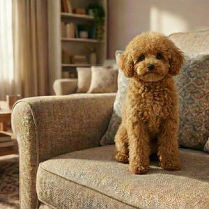 Può includere: Un piccolo barboncino marrone è seduto su un divano beige a fantasia. Il cane ha il pelo riccio e guarda direttamente la fotocamera. Il divano ha cuscini decorativi a fantasia e si trova in un soggiorno ben illuminato.