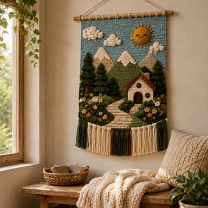 Può includere: Un arazzo da parete all'uncinetto fatto a mano raffigurante una scena paesaggistica. L'opera presenta un cielo blu con un sole sorridente e nuvole soffici, montagne, alberi, una casa e un sentiero. Il pezzo è rifinito con frange.