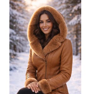 Women’s Handmade Shearling Leather Coat with Plush Fur Hood, Winter Warm Hooded Jacket