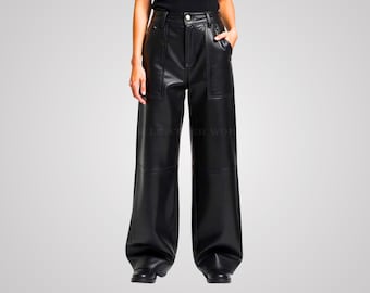 Handmade Sheepskin Leather Pants, Unisex High Waist Wide Leg Leather Trousers, Black Palazzo Leather Pants, Real Leather Trousers