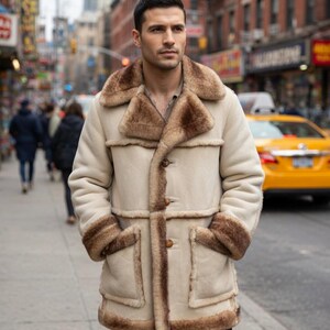 Men's Cream Suede Shearling Lined Winter Coat – Toggle Closure, Quilted Detail