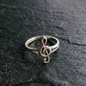 Sterling Silver Treble Clef Ring, Minimalist Music Note Band, Stackable Jewelry
