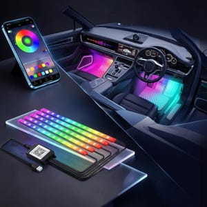 May include: A car interior with vibrant, multi-coloured LED lighting. A smartphone shows a colour wheel interface for controlling the lights. LED strips are arranged on a clear surface, connected to a control box and a USB cable. The car's interior includes a steering wheel, dashboard, and seats.